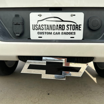 Chevy Bowtie trailer hitch cover in reflective silver and glossy black finish