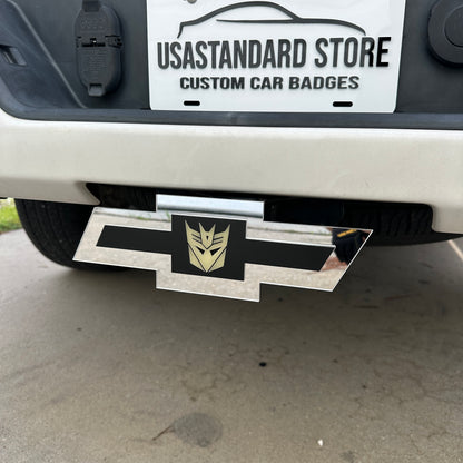 Decepticon Chevy hitch cover with reflective silver Bowtie shape