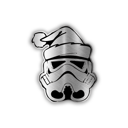 Stormtrooper Santa engraved car badge with silver finish and Christmas hat