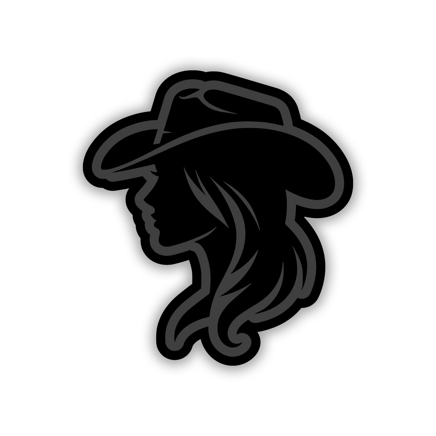 Cow Girl silver car emblem with black engraved cowgirl silhouette and western hat