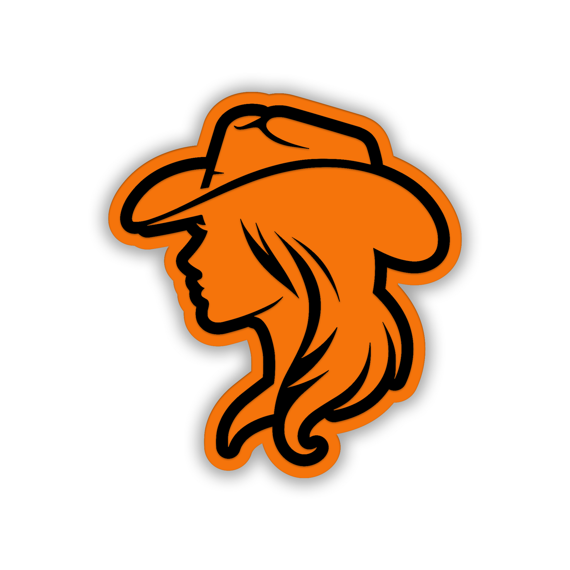 Western girl engraved car badge with detailed cowgirl hat and long hair design