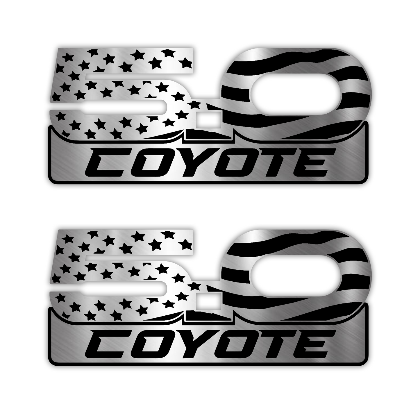 Coyote 5.0 American flag engraved car badge with brushed silver finish