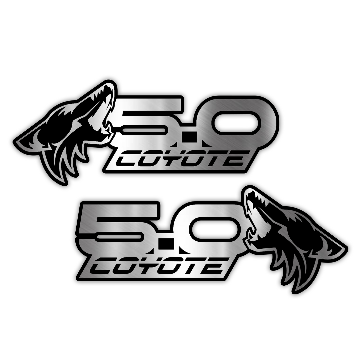Coyote 5.0 engraved silver and black car badge emblem with coyote graphic