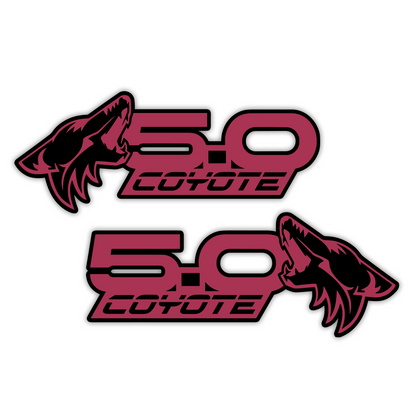 Engraved Coyote 5.0 Mustang GT fender badge with silver and black finish