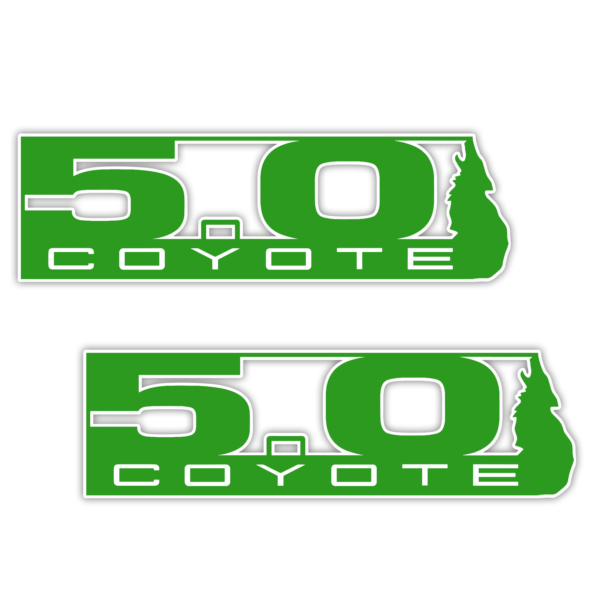 Engraved Coyote 5.0 automotive emblem with brushed metal finish