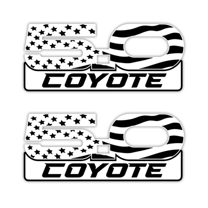 Brushed silver Coyote 5.0 engraved fender emblem with American flag