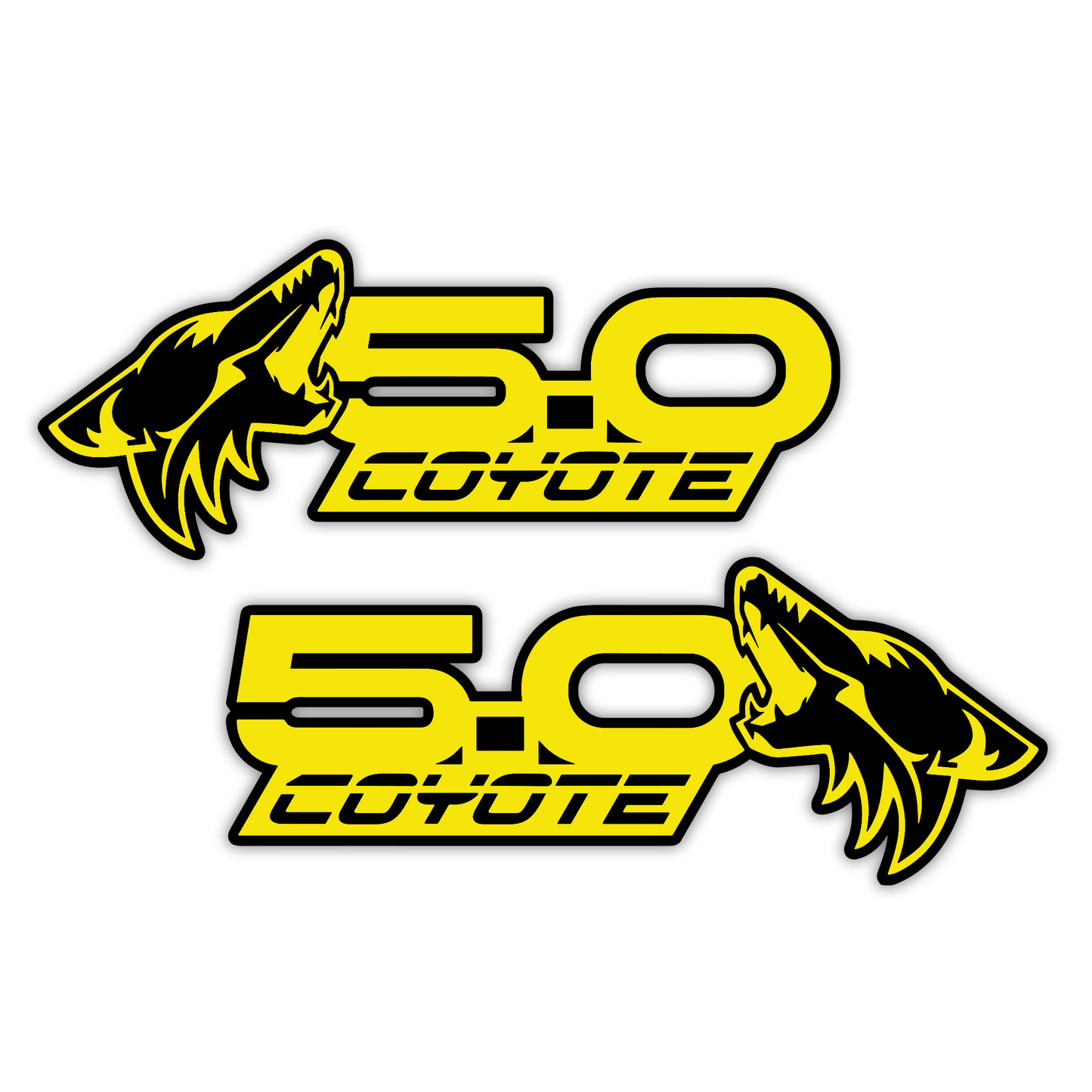 Engraved Coyote 5.0 performance car badge with detailed coyote graphic