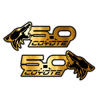 Coyote 5.0 engraved Mustang fender emblem in silver and black