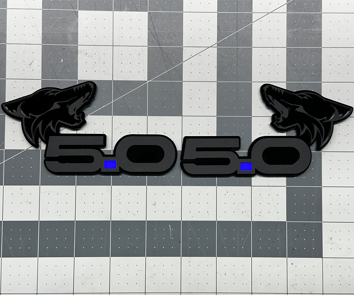Coyote 5.0 emblem matte black with Dark Blue dot for Mustang & F-150