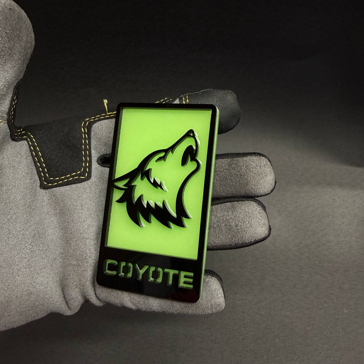 Coyote illuminated style car emblem with green glow effect for trucks muscle cars and SUVs