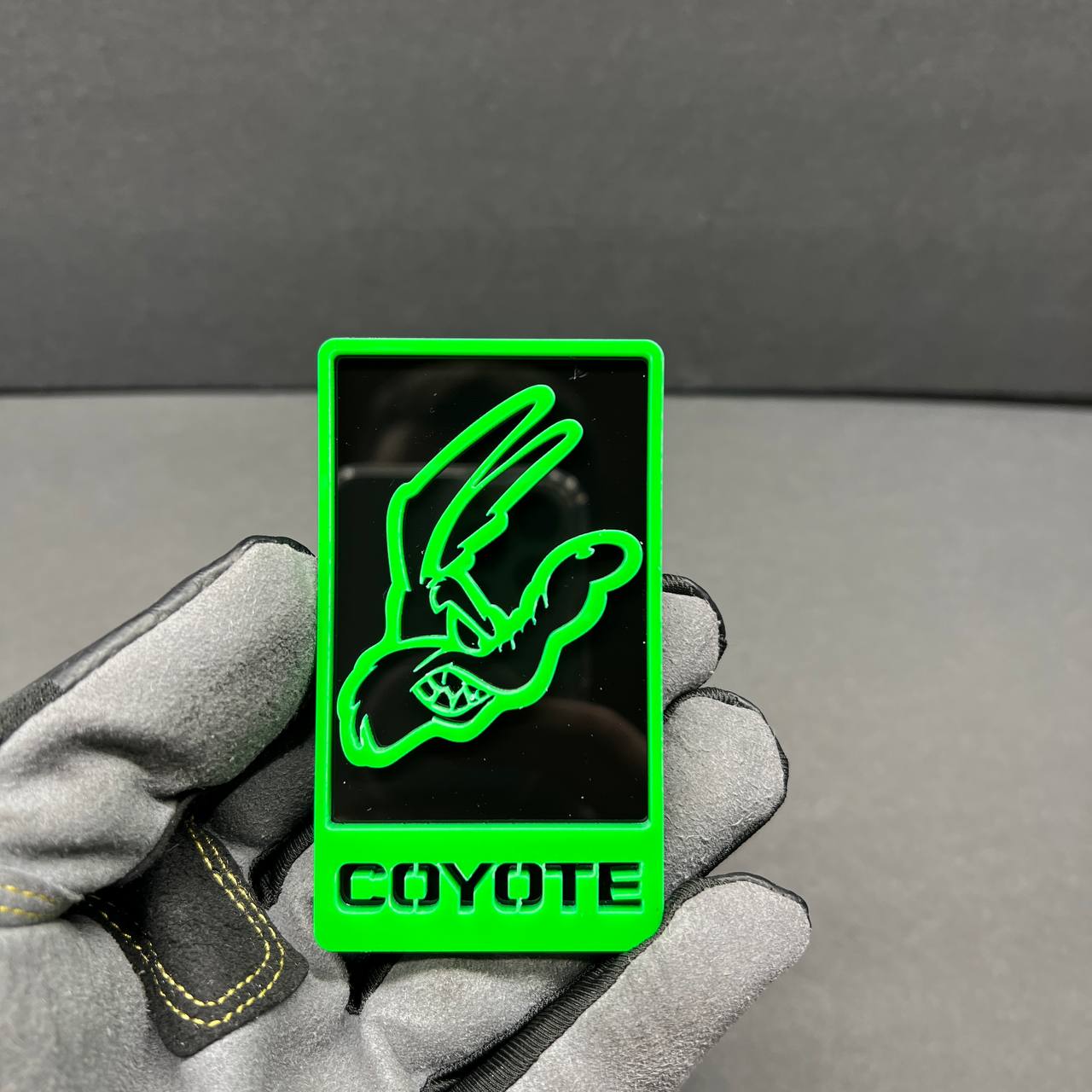 Coyote emblem installed on Jeep Wrangler fender performance badge