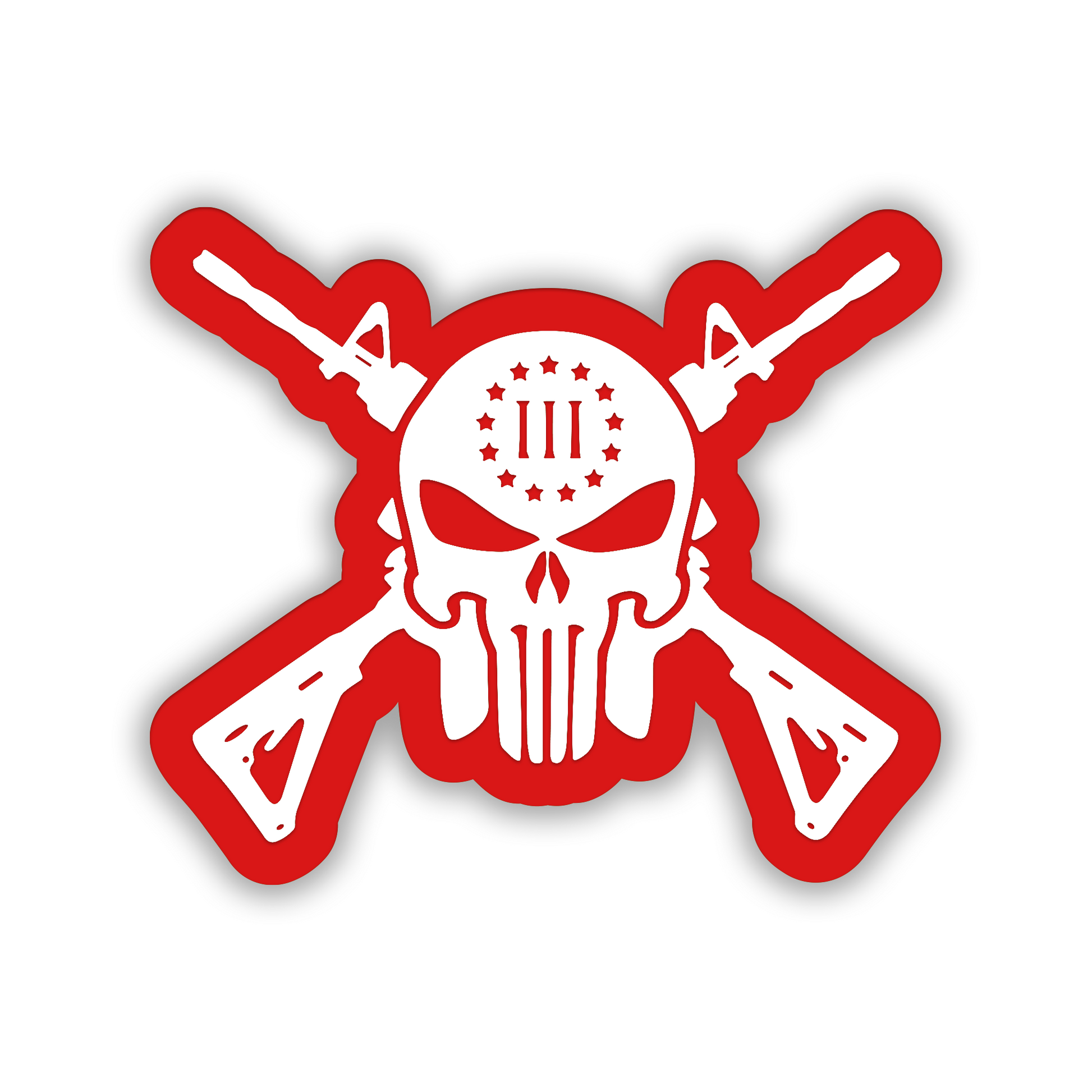 Tactical gun skull auto badge featuring crossed rifles and detailed skull graphic