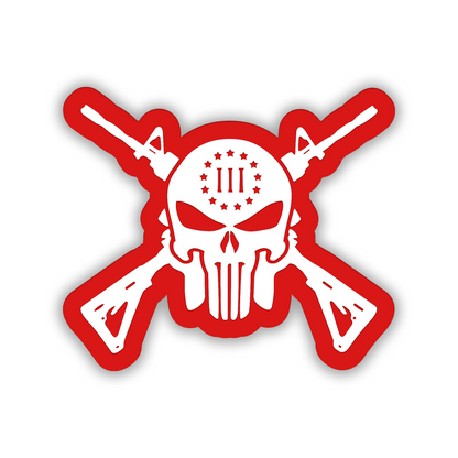 Tactical gun skull auto badge featuring crossed rifles and detailed skull graphic
