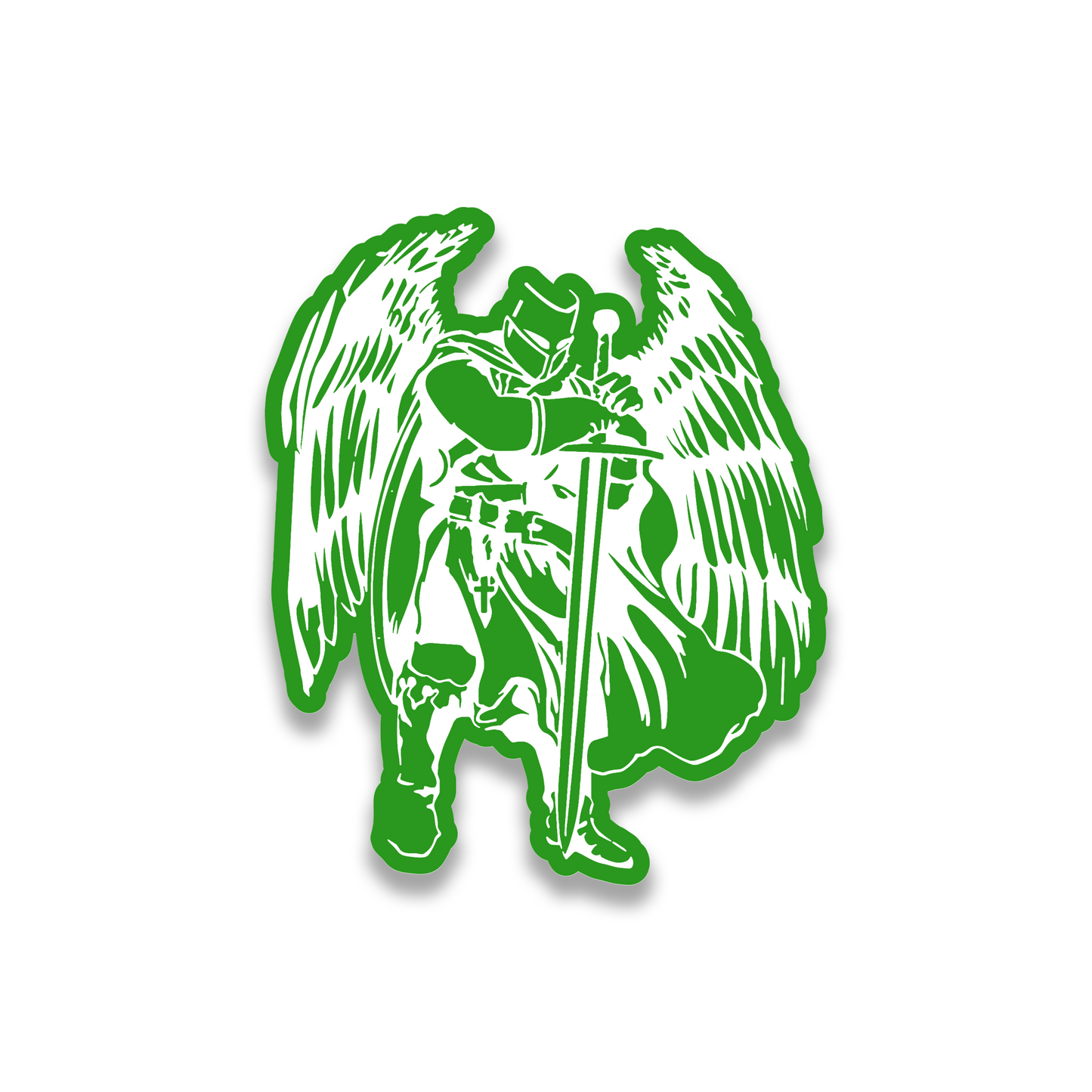 Crusader knight engraved car badge featuring armored warrior and large wings