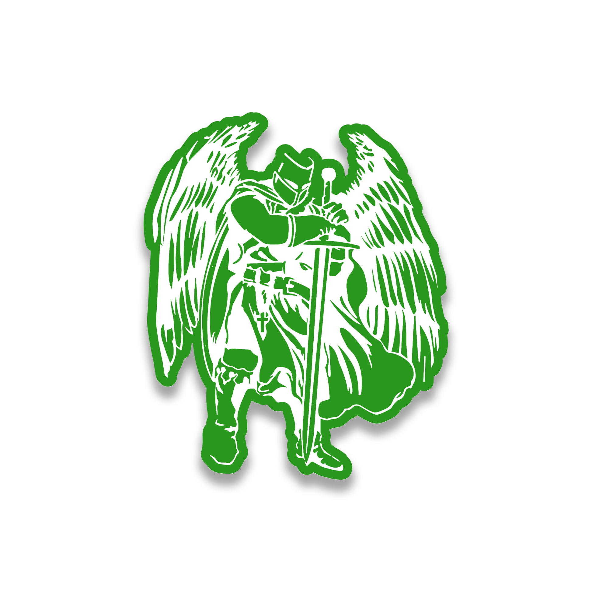 Crusader knight engraved car badge featuring armored warrior and large wings