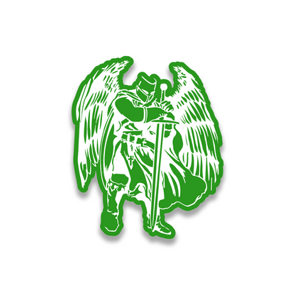 Crusader knight engraved car badge featuring armored warrior and large wings
