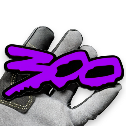 Black acrylic 300 logo emblem close-up