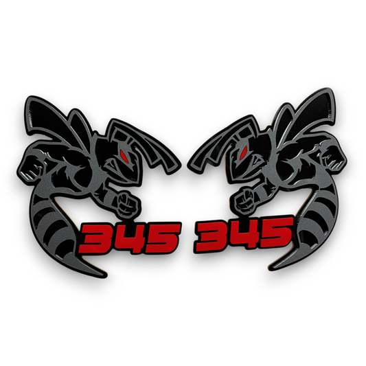 Red and black 345 HEMI Bee badge emblem for Dodge Charger and Challenger custom car builds