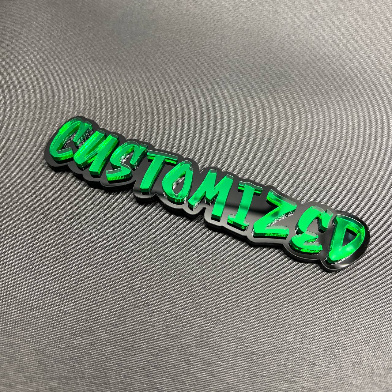Mirror green graffiti custom badge with glossy black outline