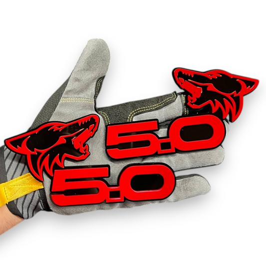 Ford 5.0 engine emblem with custom wolf graphic