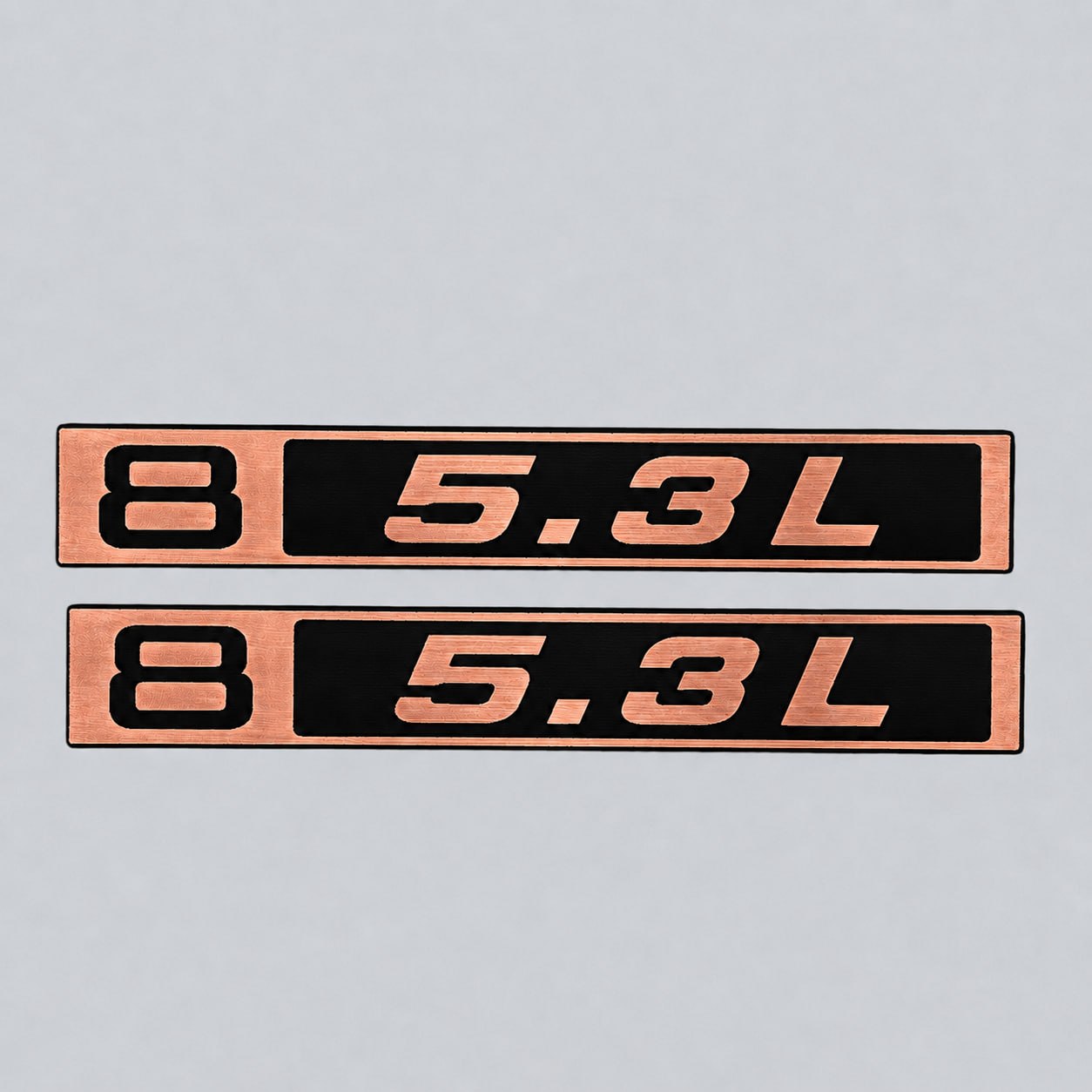 Custom 5.3L front fender emblem with silver billet finish for Chevy C10 truck restoration.