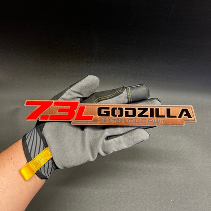 Custom 7.3L Godzilla badge for Ford F350 brushed silver with red lettering
