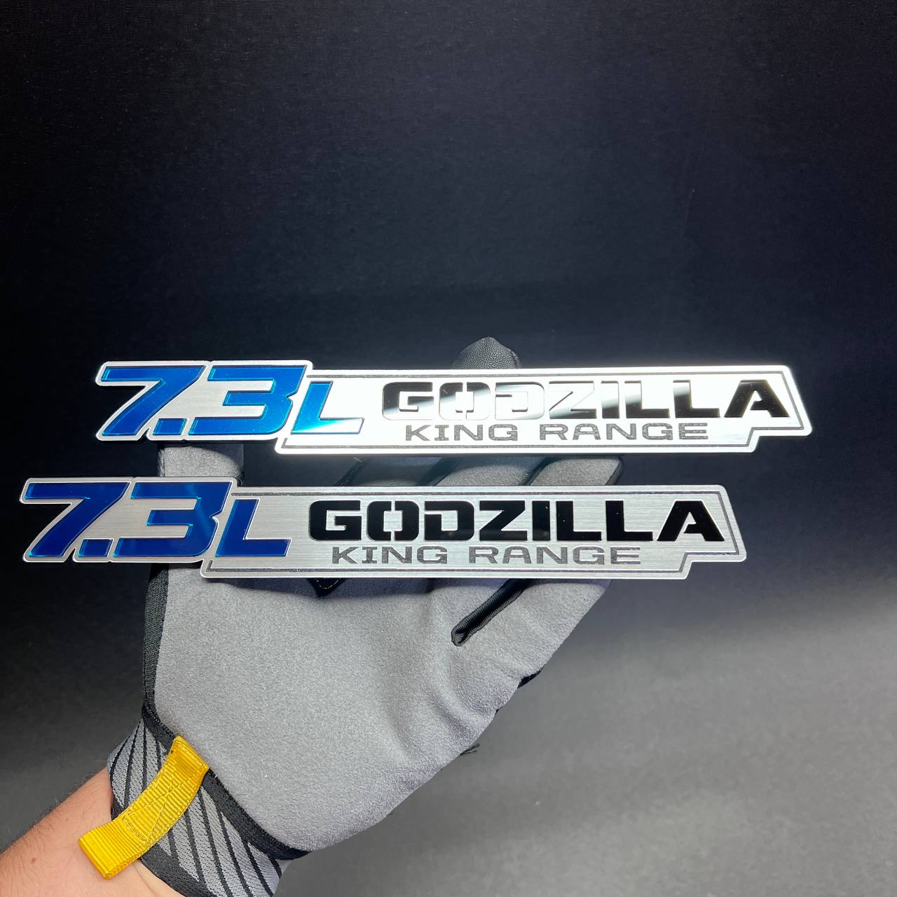Brushed silver and blue 7.3L Godzilla style fender emblem badge