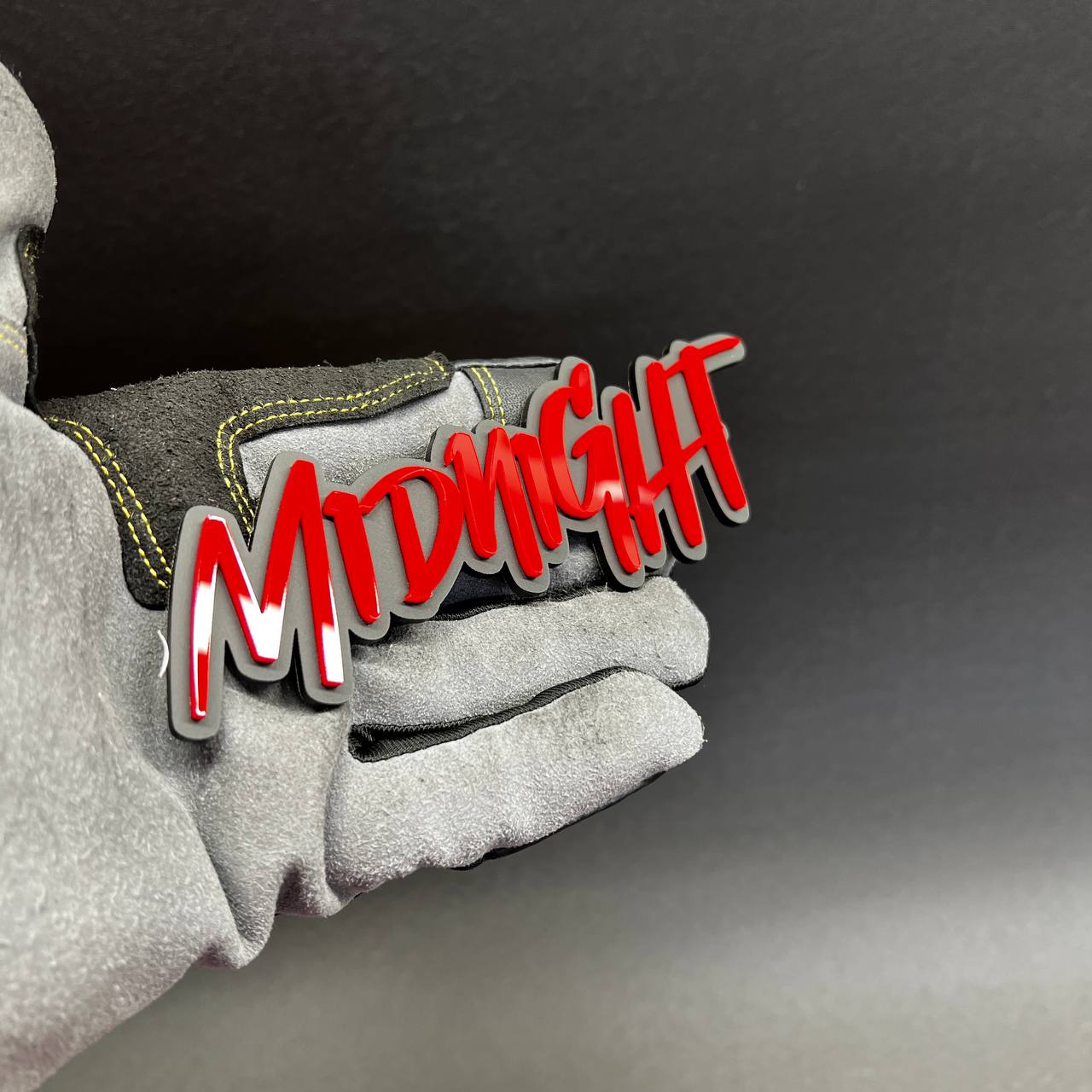 Custom Midnight acrylic car badge fender emblem in red and black script style