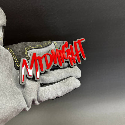 Custom Midnight acrylic car badge fender emblem in red and black script style