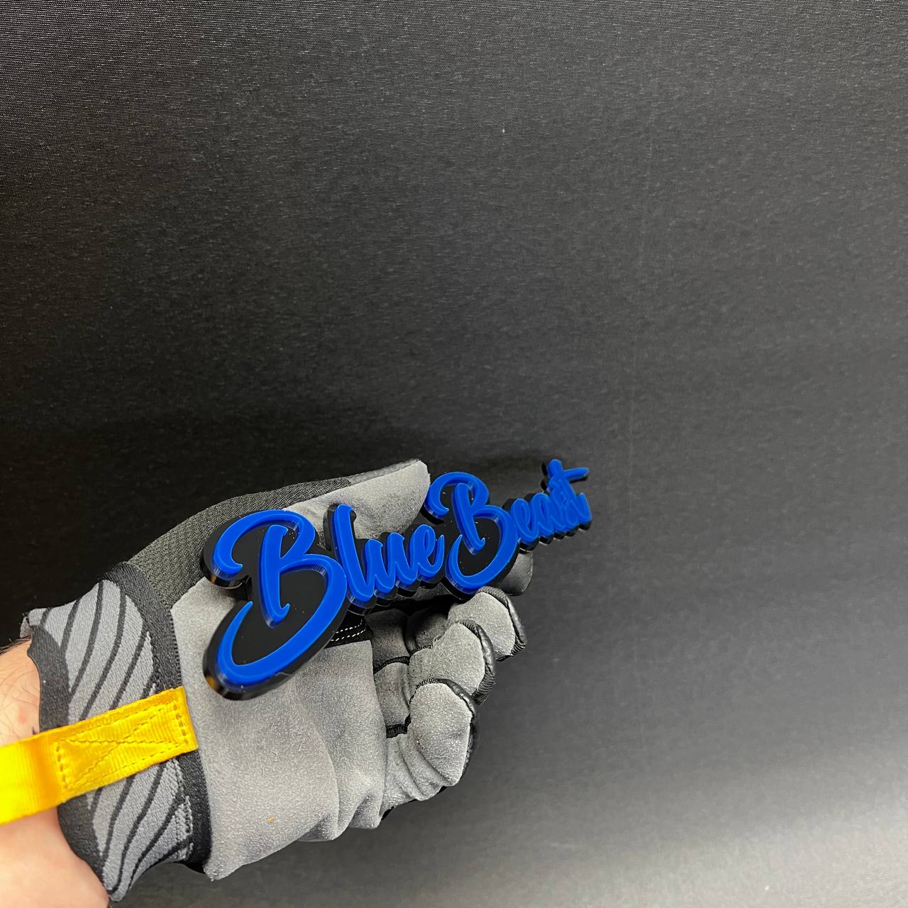 Custom automotive script badge with black mirror acrylic background