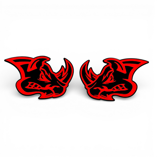 Rhino head badge pair shown as custom vehicle fender emblem for automotive use