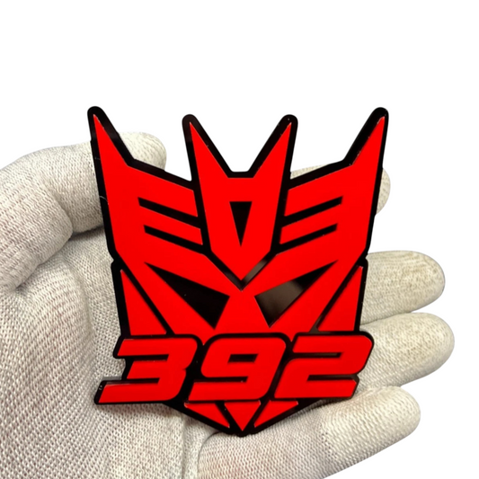 Autobot 392 logo badge for Dodge Charger Hellcat style build, custom black acrylic emblem with red accents