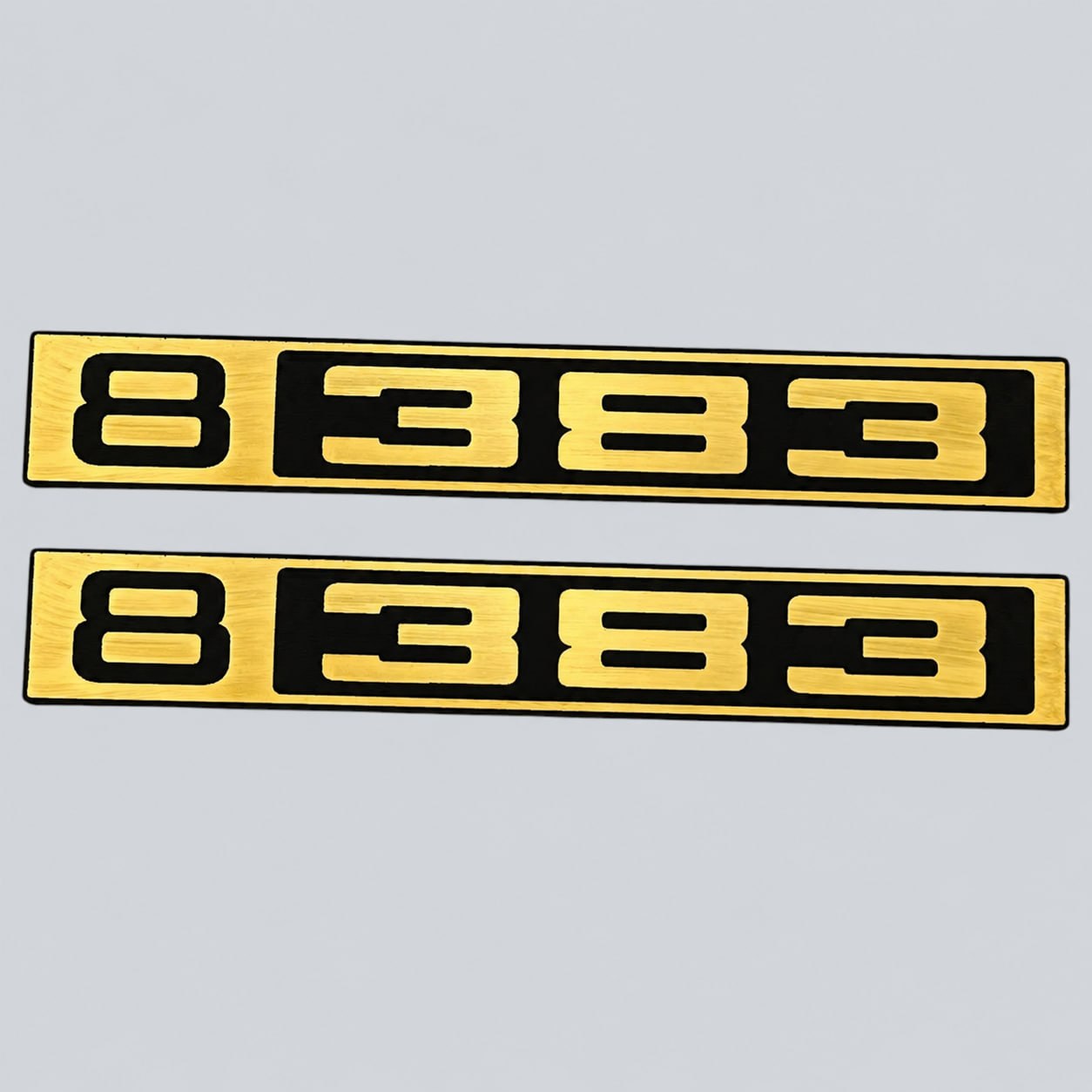 Custom B 383 front truck emblem with silver billet finish and black background for Chevy C10.