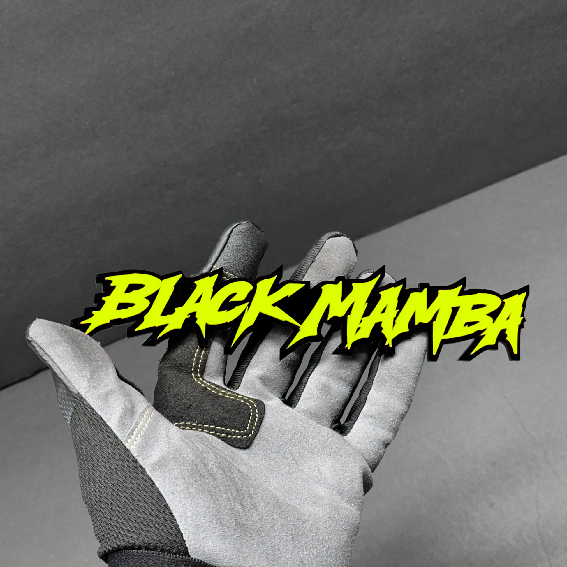 Custom Black Mamba text badge with aggressive snake-inspired style for Mustang and Camaro builds.