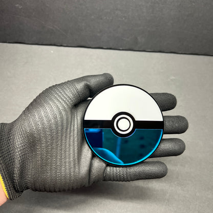 Blue mirror acrylic vehicle badge with black center line design