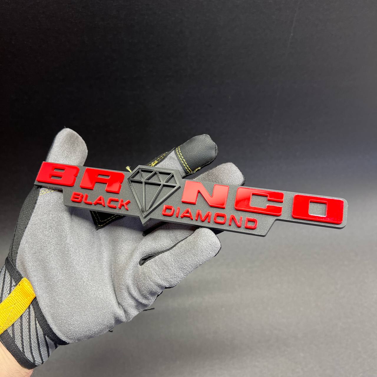 Premium Bronco Black Diamond trim badge with automotive 3M adhesive backing.