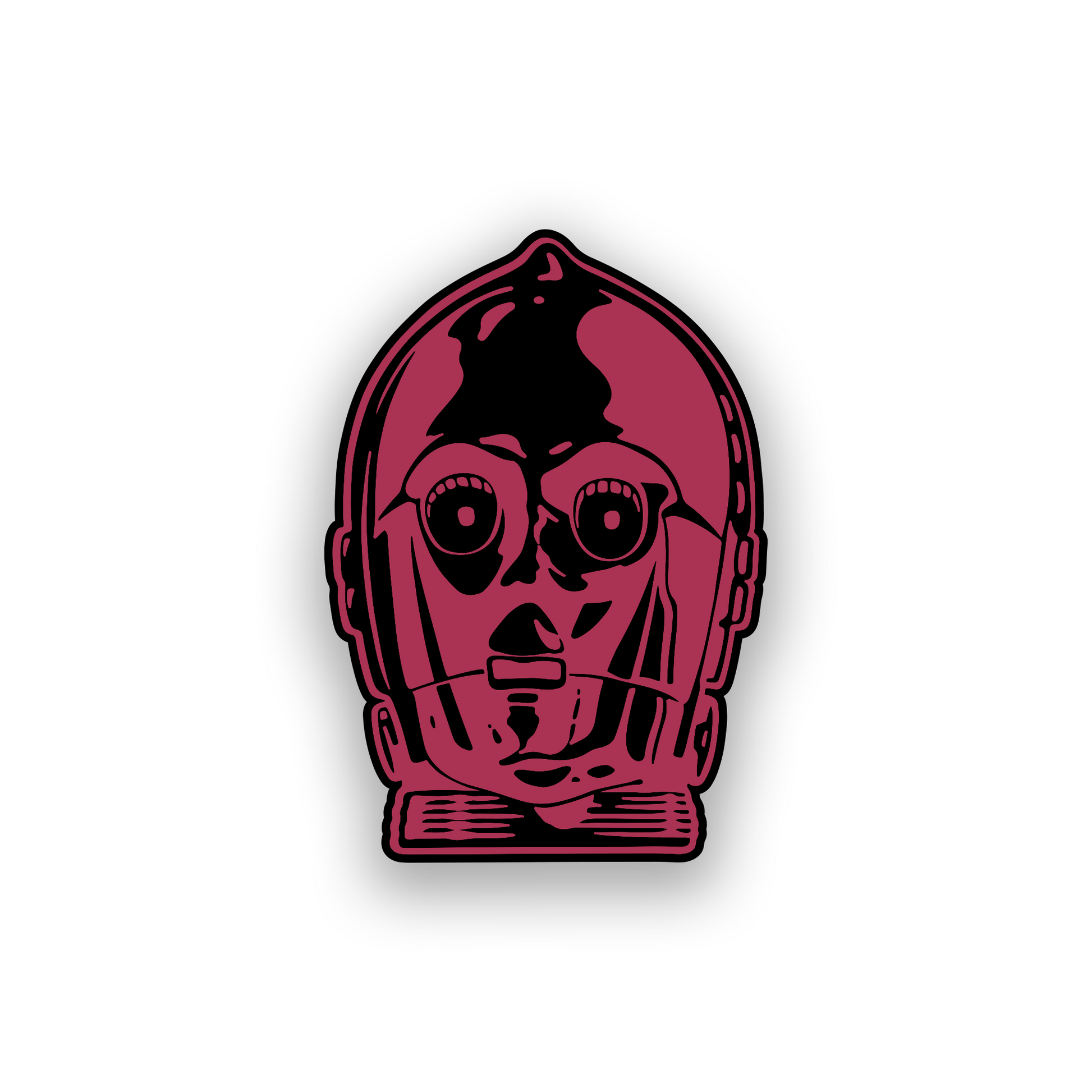 Golden droid inspired car badge with clean engraved futuristic face artwork