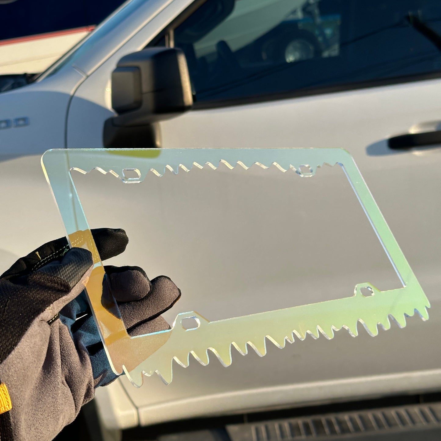 Iridescent chameleon slime license plate frame for car exterior