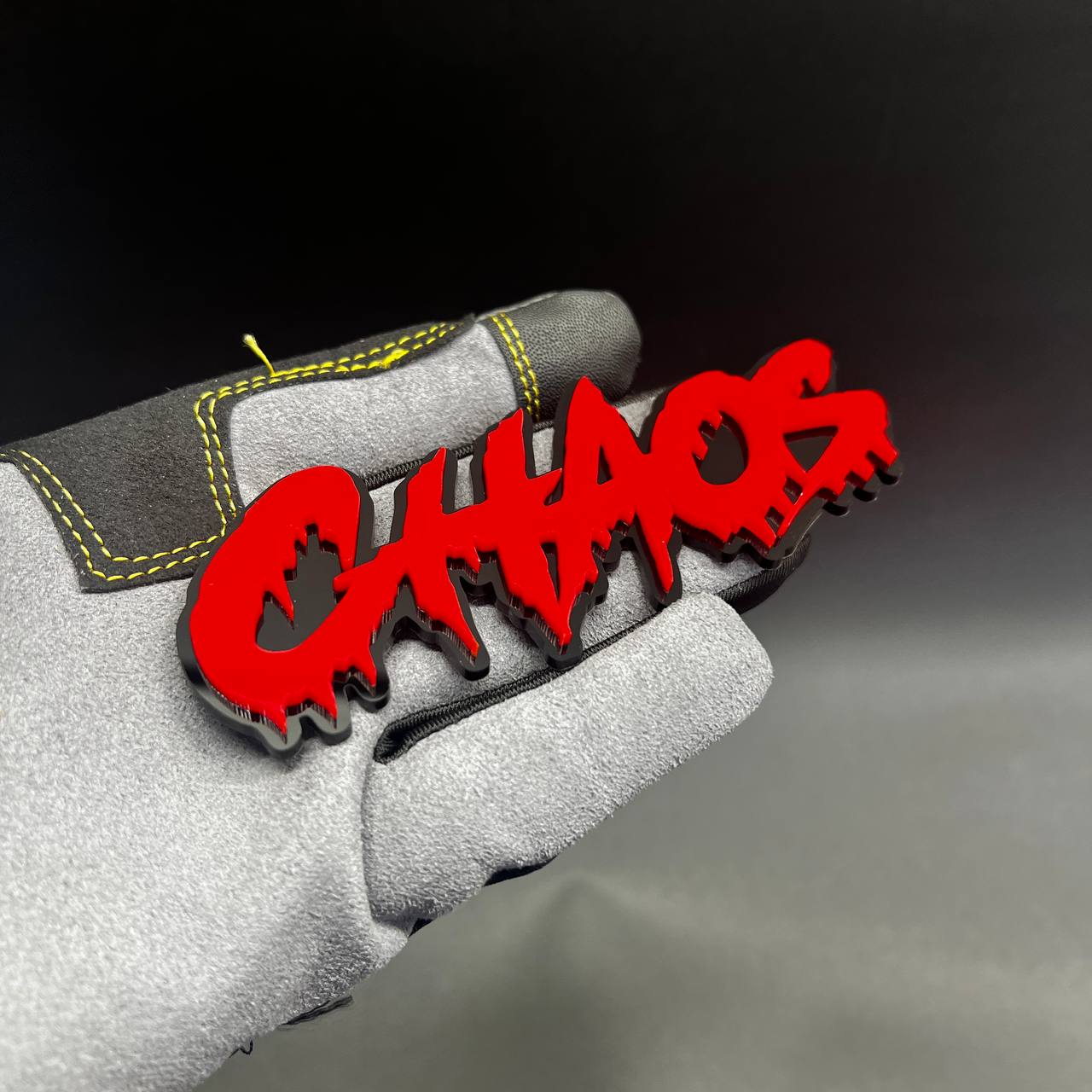 Custom CHAOS drip style car badge fender emblem for Jeep Wrangler offroad exterior styling.