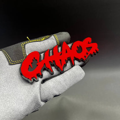 Custom CHAOS drip style car badge fender emblem for Jeep Wrangler offroad exterior styling.