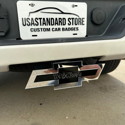 Chevy Bowtie hitch cover with We the People design in silver and black
