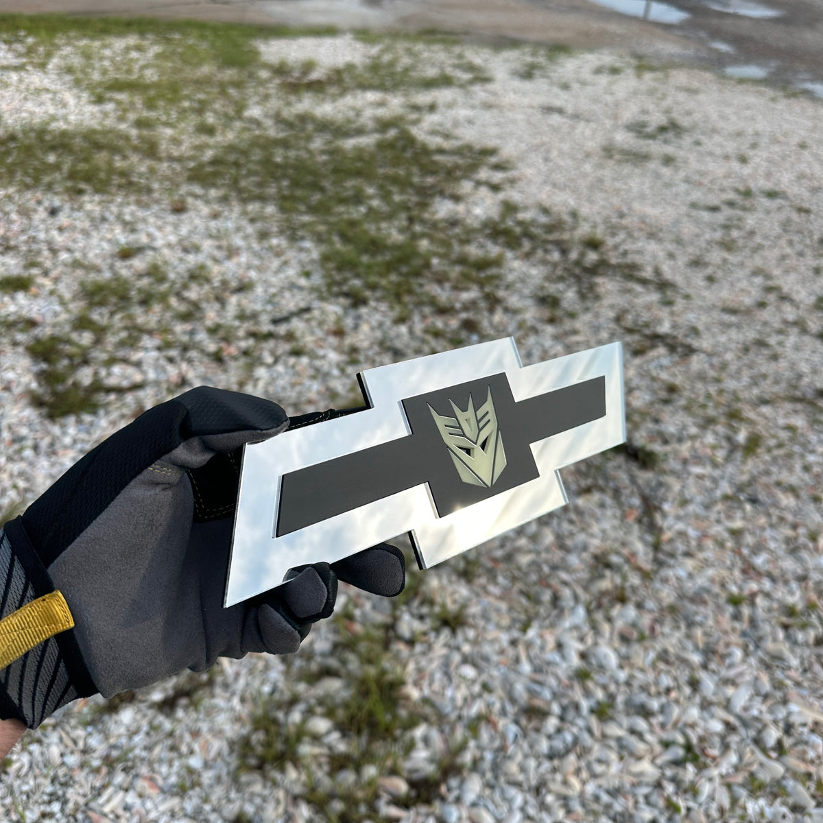Custom Chevy Bowtie badge in silver with Decepticon insert