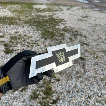 Custom Chevy Bowtie badge in silver with Decepticon insert
