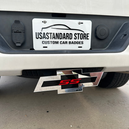 Chevy SS hitch emblem in silver, black, and red for rear vehicle receiver