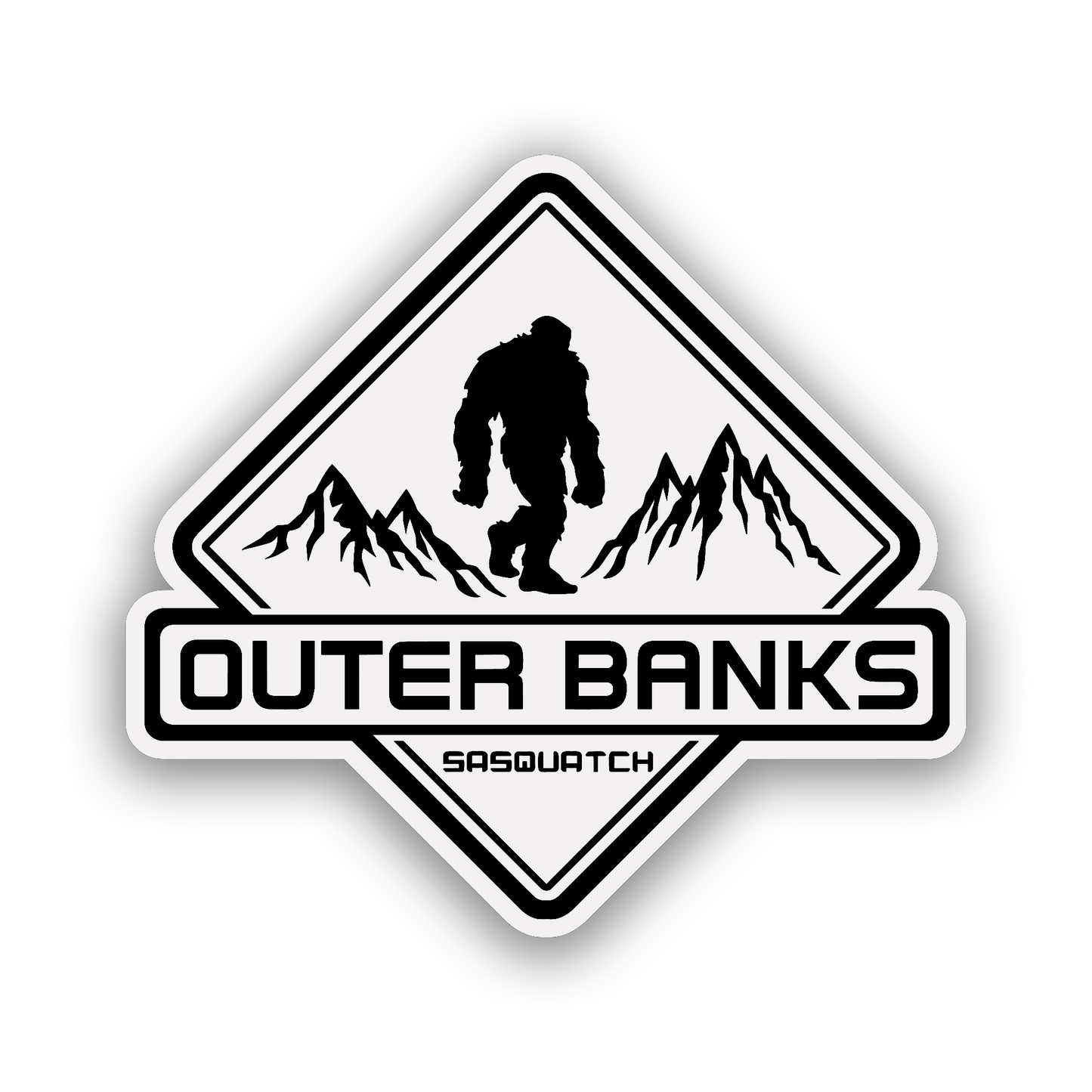 Outer Banks Sasquatch custom color fender badge with rugged mountain artwork.