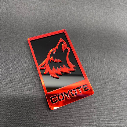 Handmade Coyote 5.0 front grille badge with red wolf style design