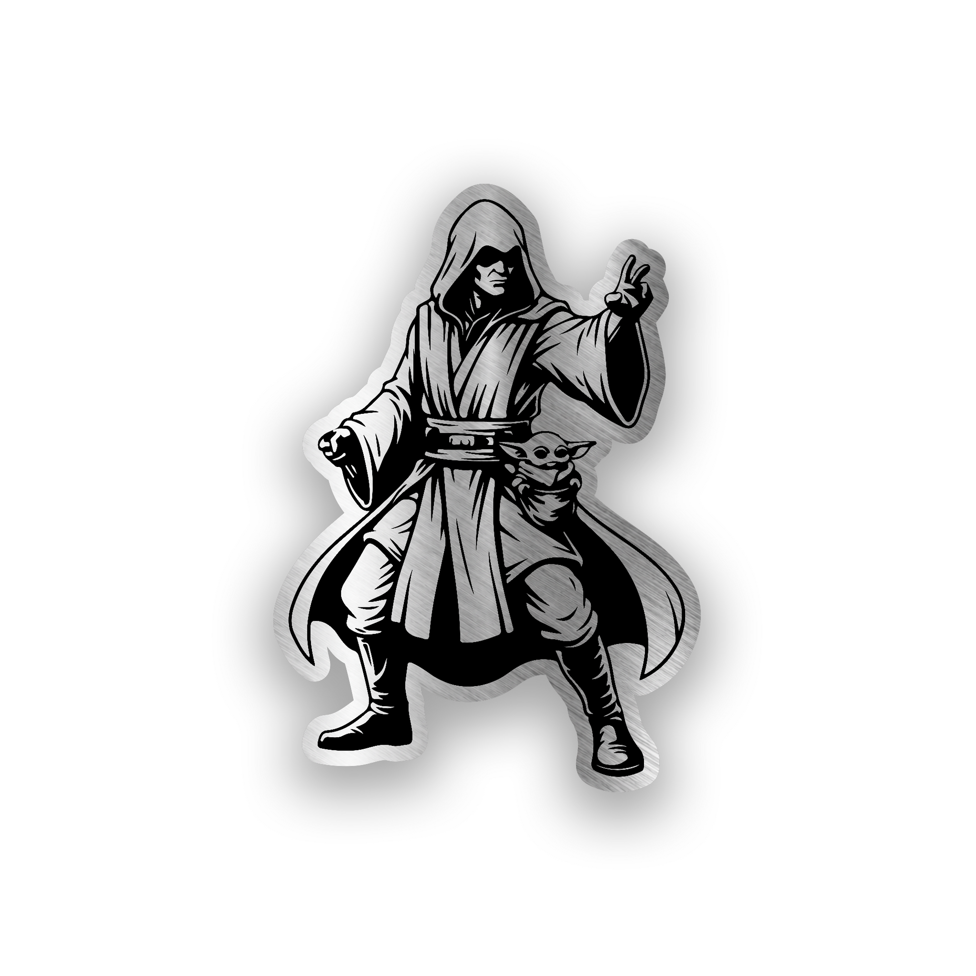 Darth Revan inspired engraved car badge with hooded warrior design and bold black and white artwork
