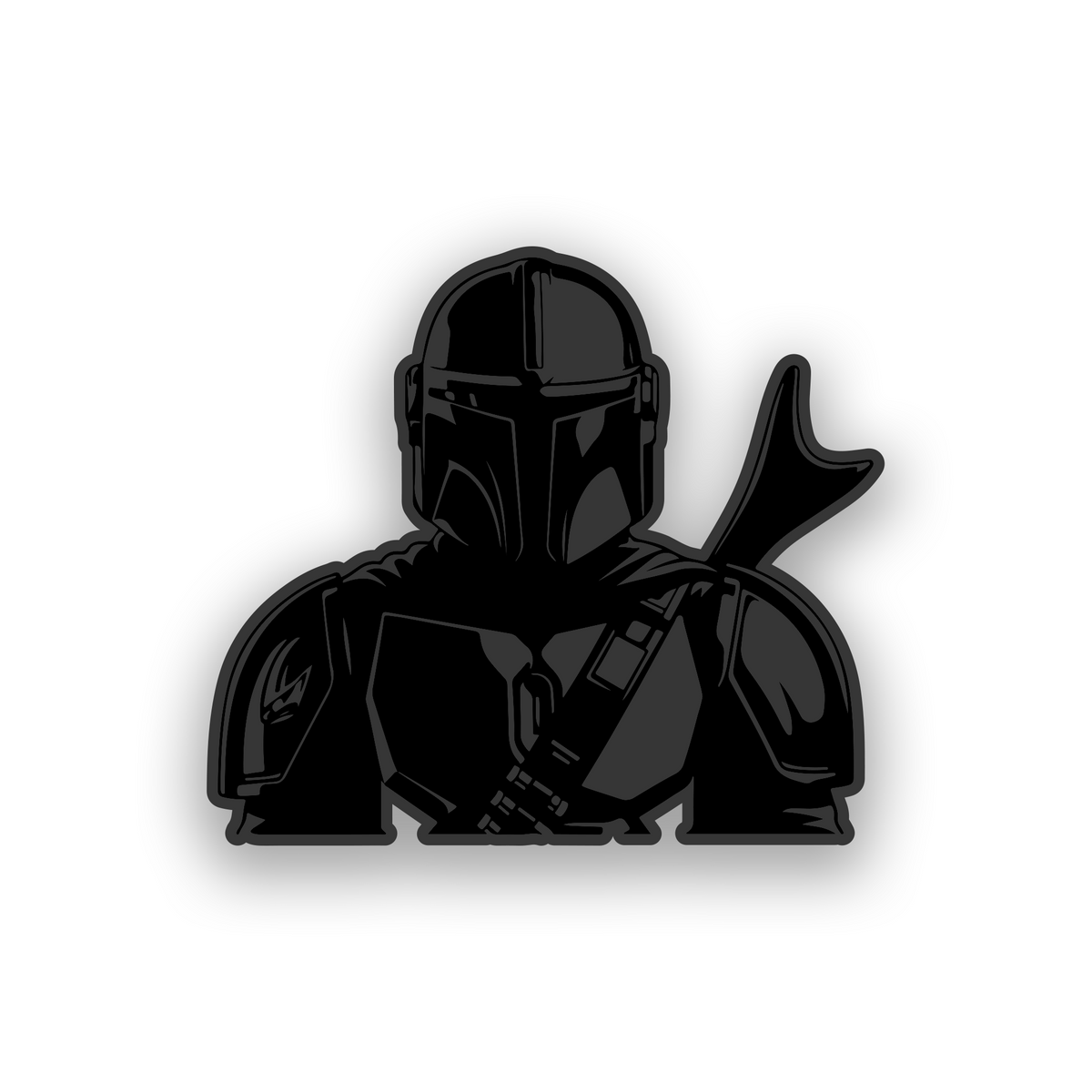 Engraved car badge with Din Djarin inspired helmet artwork and clean black and white styling