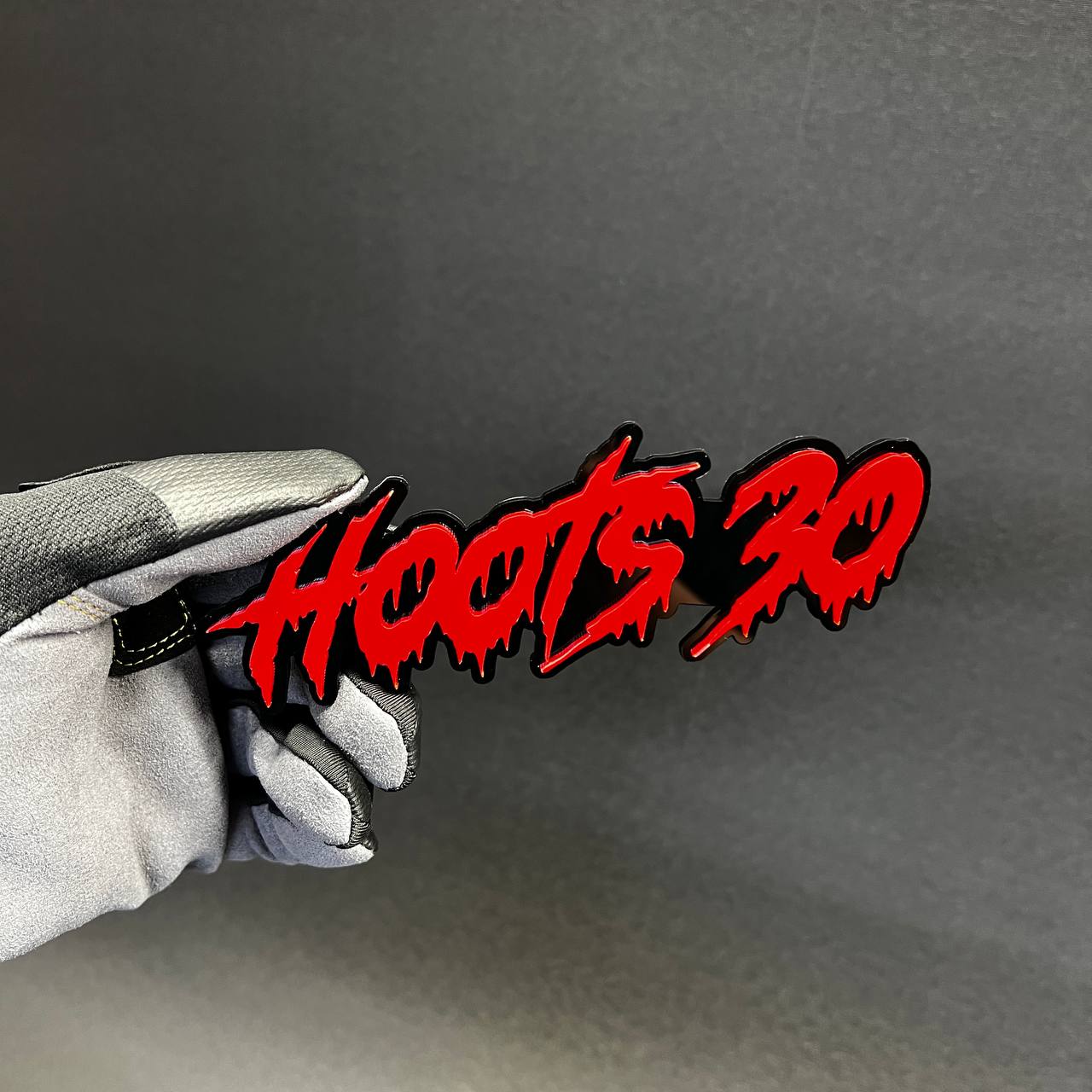 Custom dripping text acrylic car badge mounted for hood or fender styling