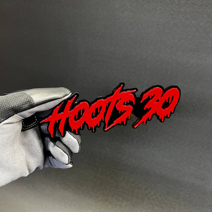 Custom dripping text acrylic car badge mounted for hood or fender styling
